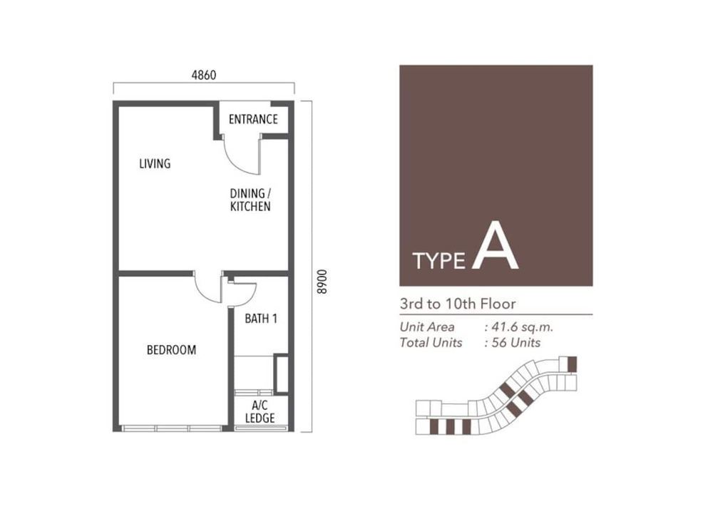 Floor plan of the Type A unit: entrance, living, dining and kitchen, one bedroom, one bath and an air-conditioner ledge, 41.6 square metres.